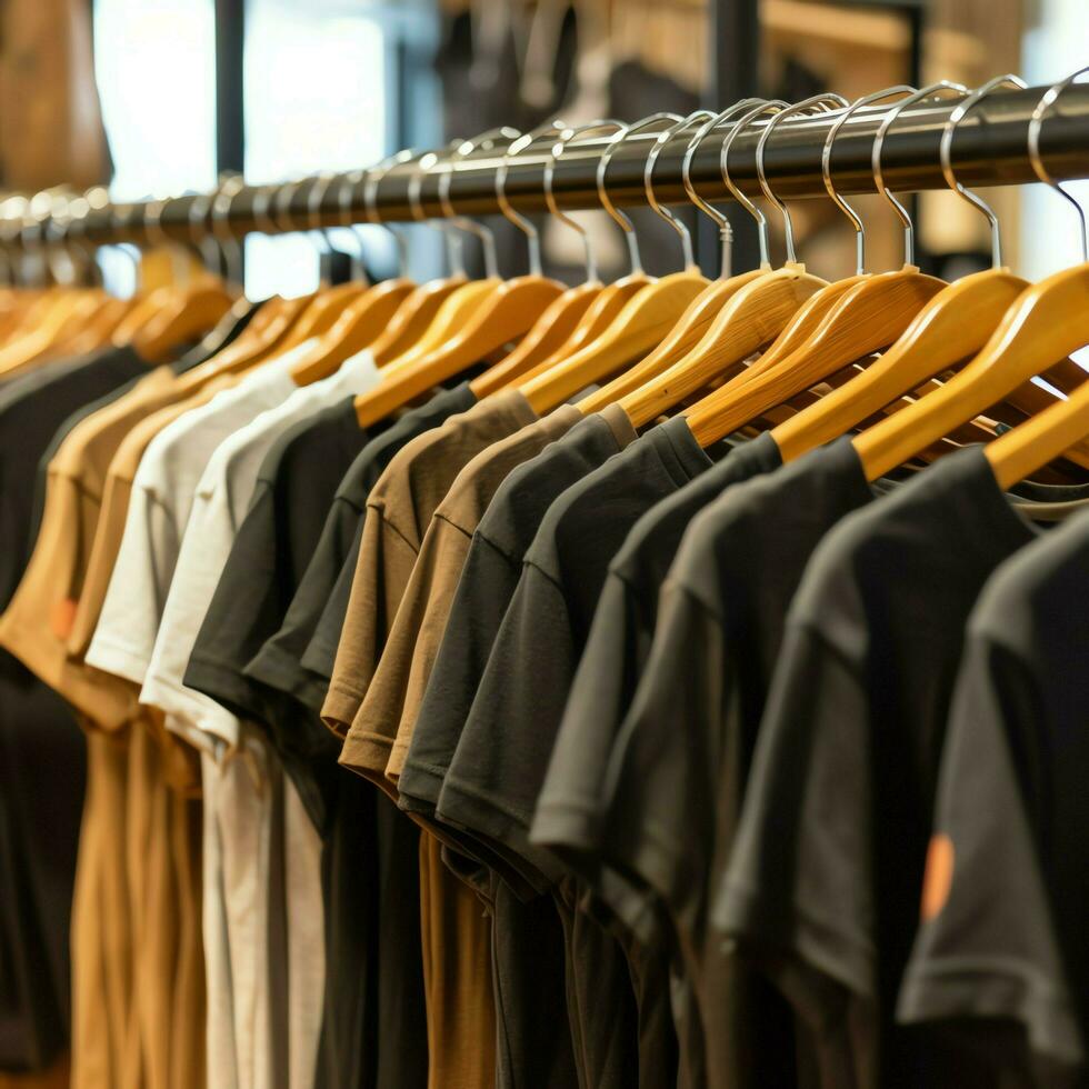 Row of fashionable polo t-shirts for man on wooden hanger or rack in a clothing boutique retail shop concept by AI Generated photo