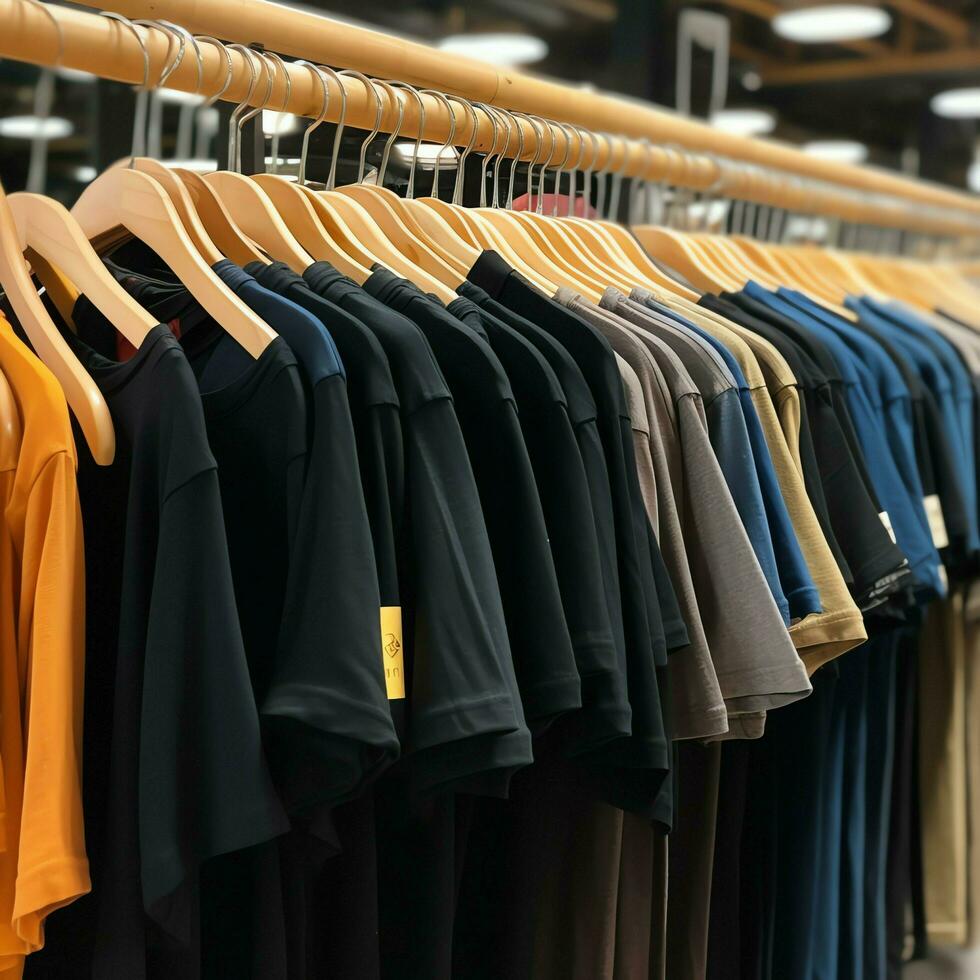 Row of fashionable polo t-shirts for man on wooden hanger or rack in a clothing boutique retail shop concept by AI Generated photo