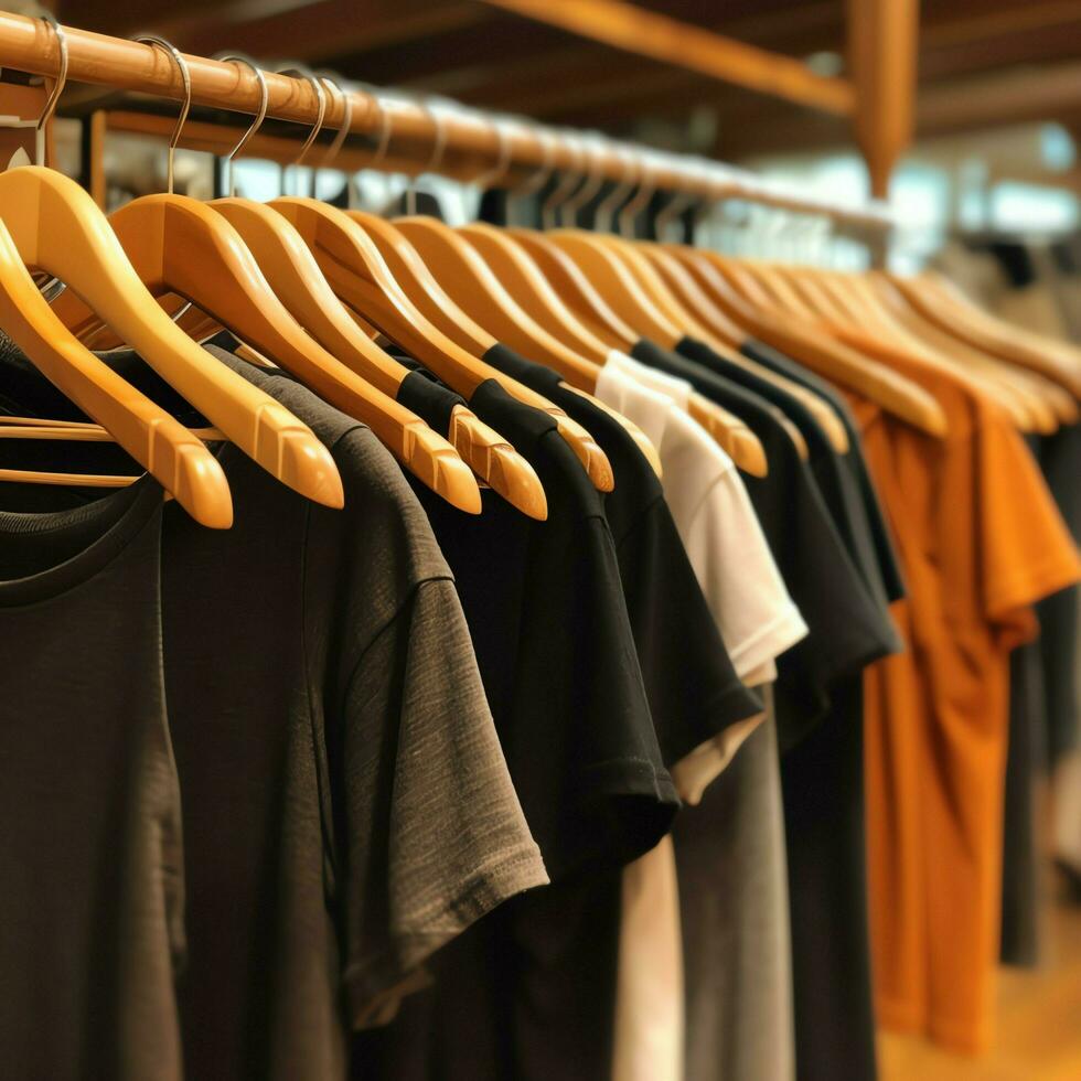 Row of fashionable polo t-shirts for man on wooden hanger or rack in a clothing boutique retail shop concept by AI Generated photo