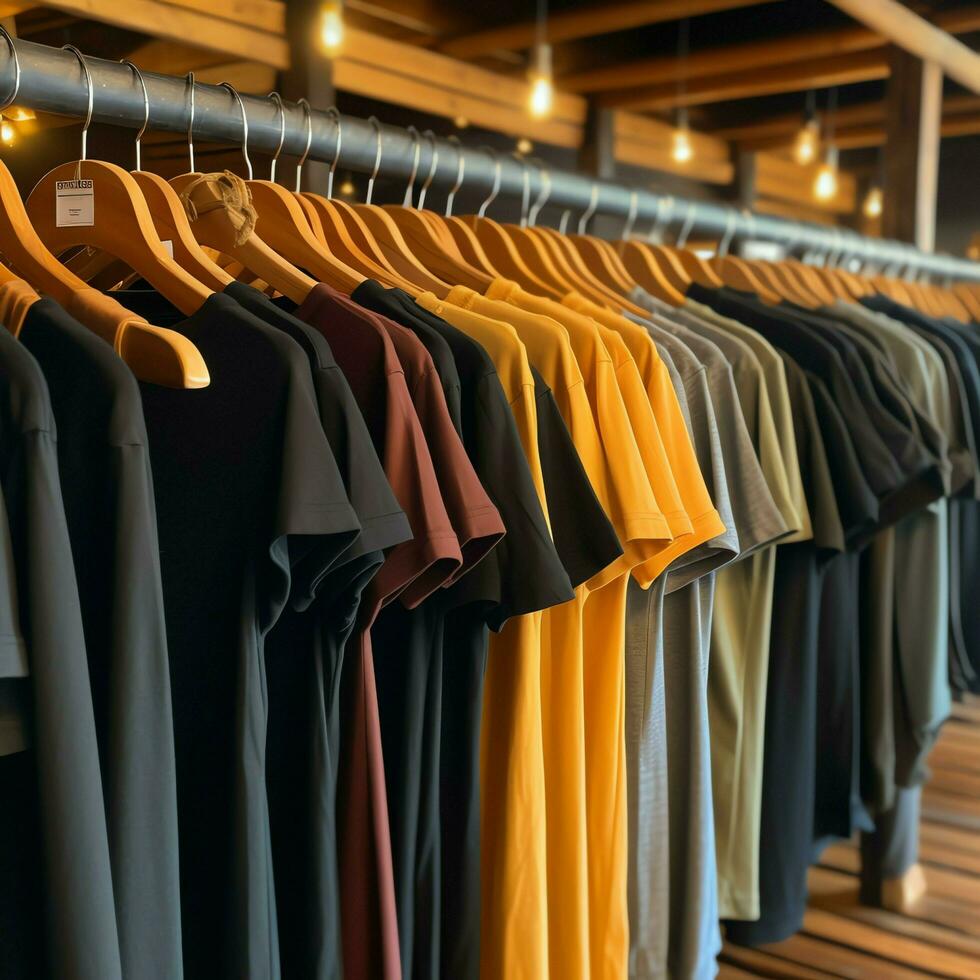 fila de de moda polo camisetas para hombre en de madera percha o estante en un ropa boutique Al por menor tienda concepto por ai generado foto