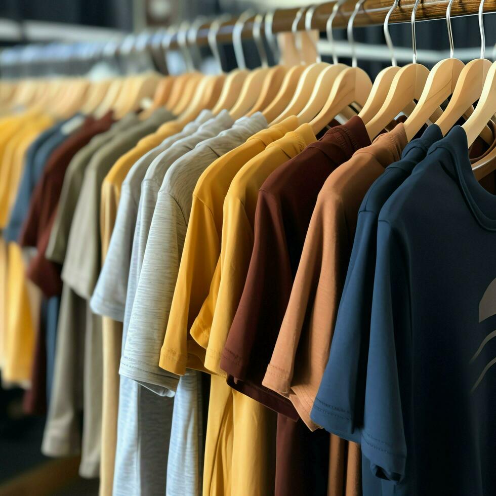 Row of fashionable polo t-shirts for man on wooden hanger or rack in a clothing boutique retail shop concept by AI Generated photo