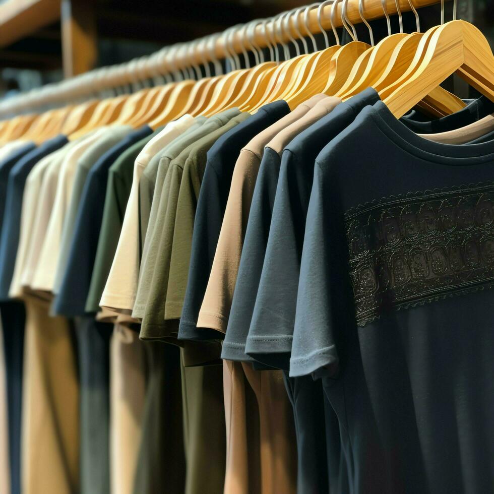 Row of fashionable polo t-shirts for man on wooden hanger or rack in a clothing boutique retail shop concept by AI Generated photo