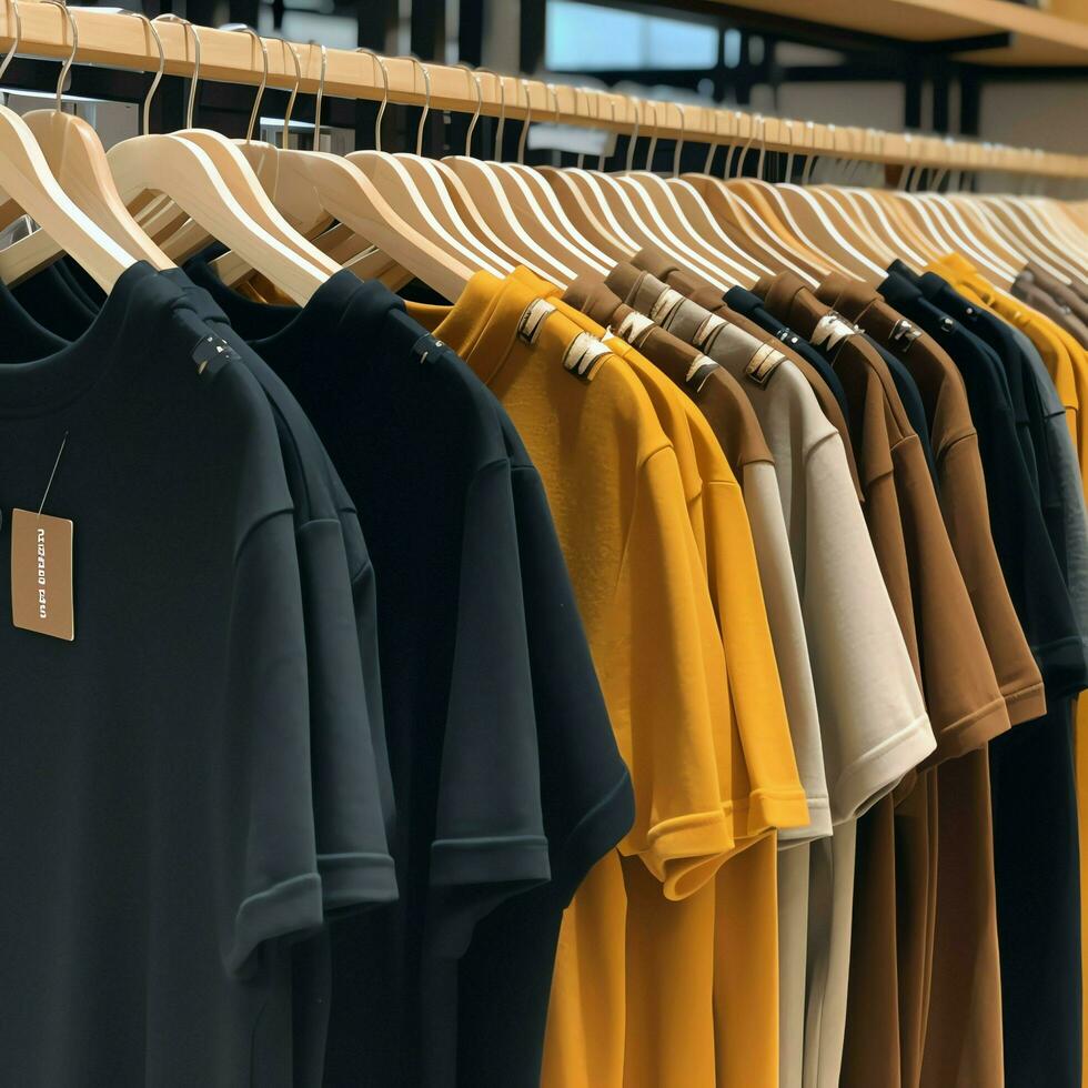 fila de de moda polo camisetas para hombre en de madera percha o estante en un ropa boutique Al por menor tienda concepto por ai generado foto