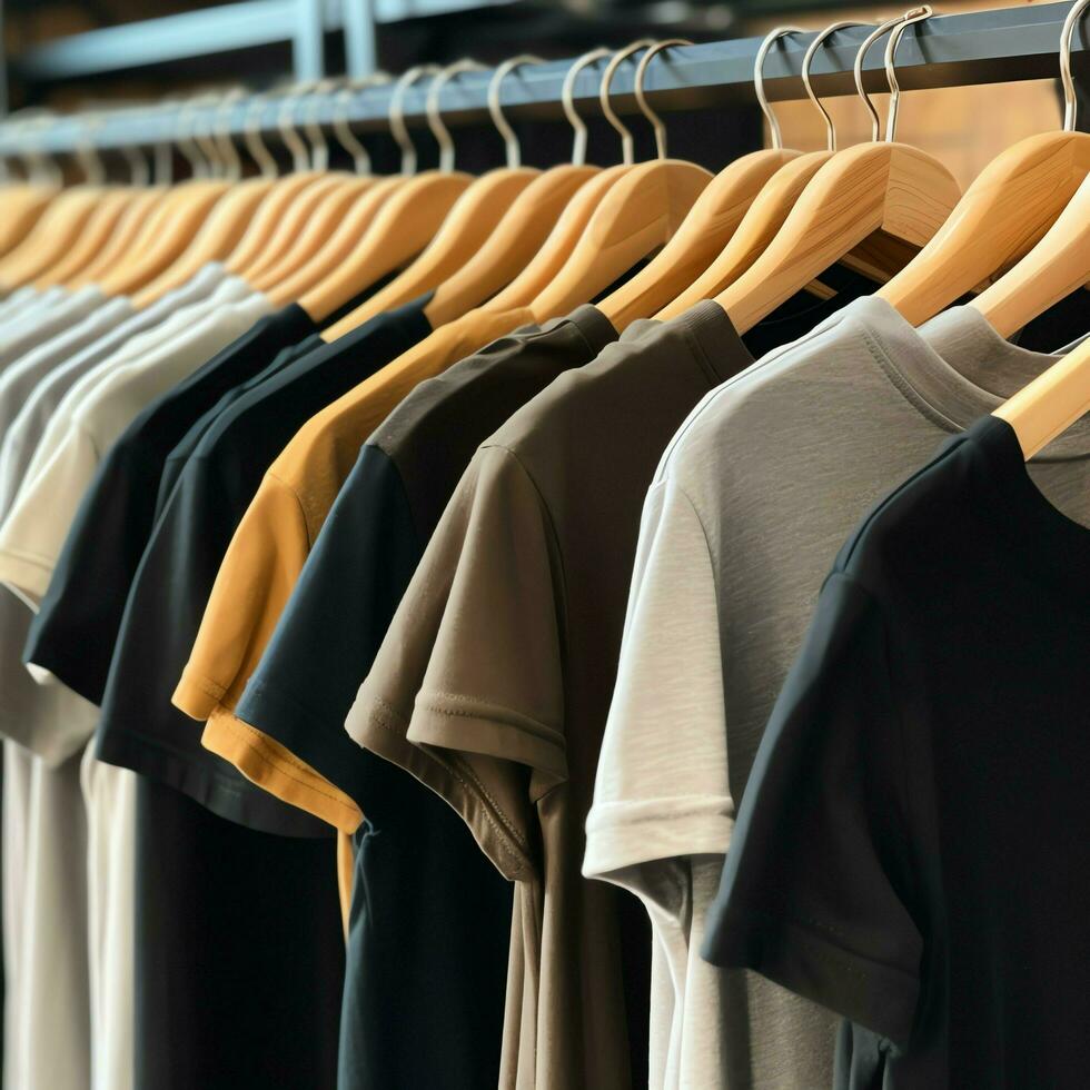 Row of fashionable polo t-shirts for man on wooden hanger or rack in a clothing boutique retail shop concept by AI Generated photo