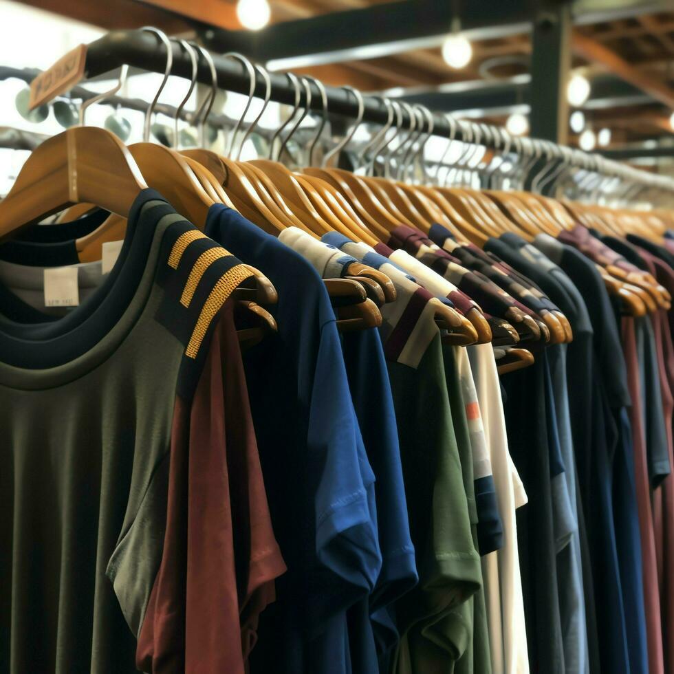 Row of fashionable polo t-shirts for man on wooden hanger or rack in a clothing boutique retail shop concept by AI Generated photo