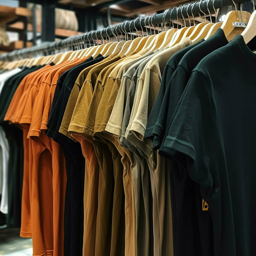 Row of fashionable polo t-shirts for man on wooden hanger or rack in a clothing boutique retail shop concept by AI Generated photo