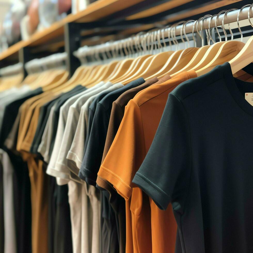 Row of fashionable polo t-shirts for man on wooden hanger or rack in a clothing boutique retail shop concept by AI Generated photo