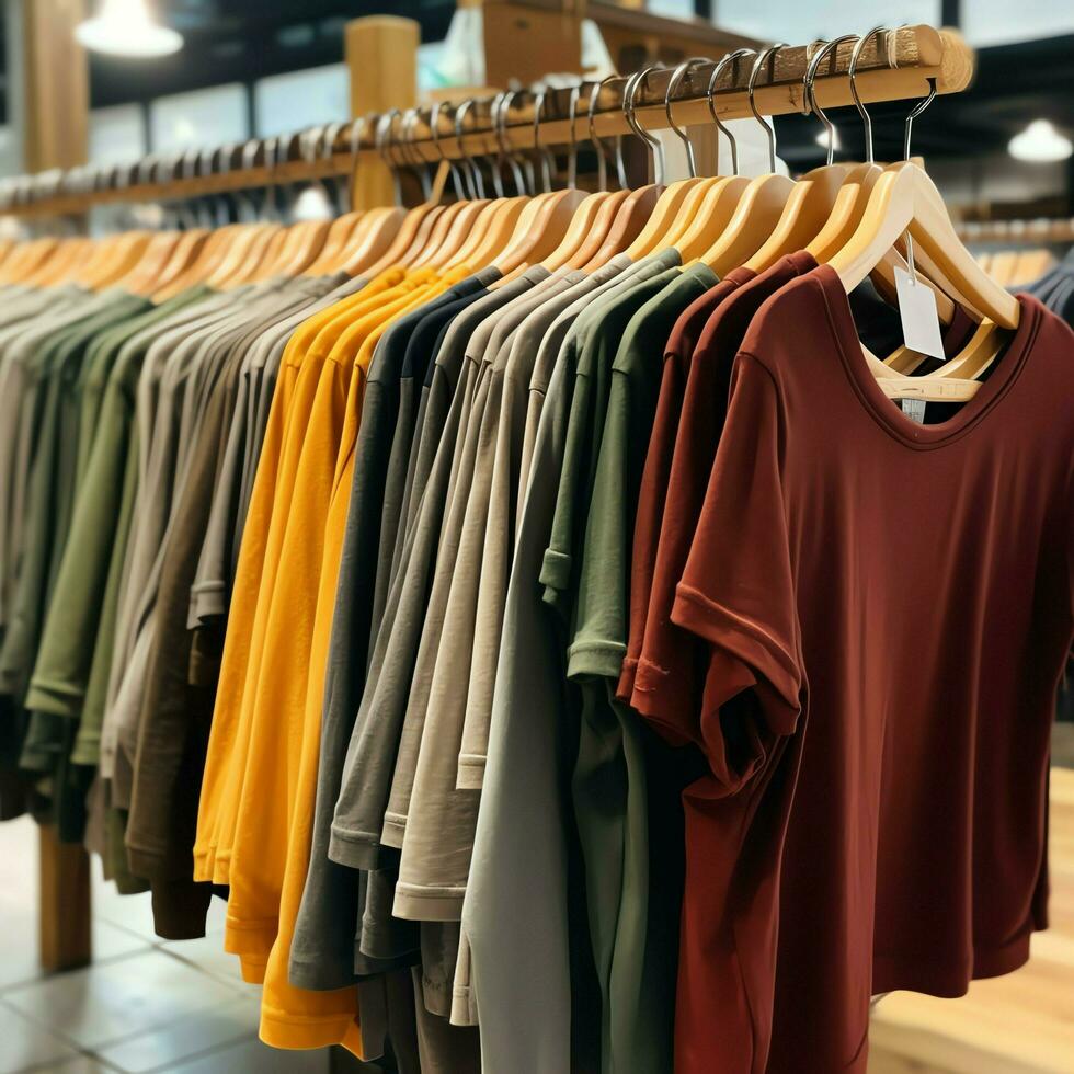 Row of fashionable polo t-shirts for man on wooden hanger or rack in a clothing boutique retail shop concept by AI Generated photo