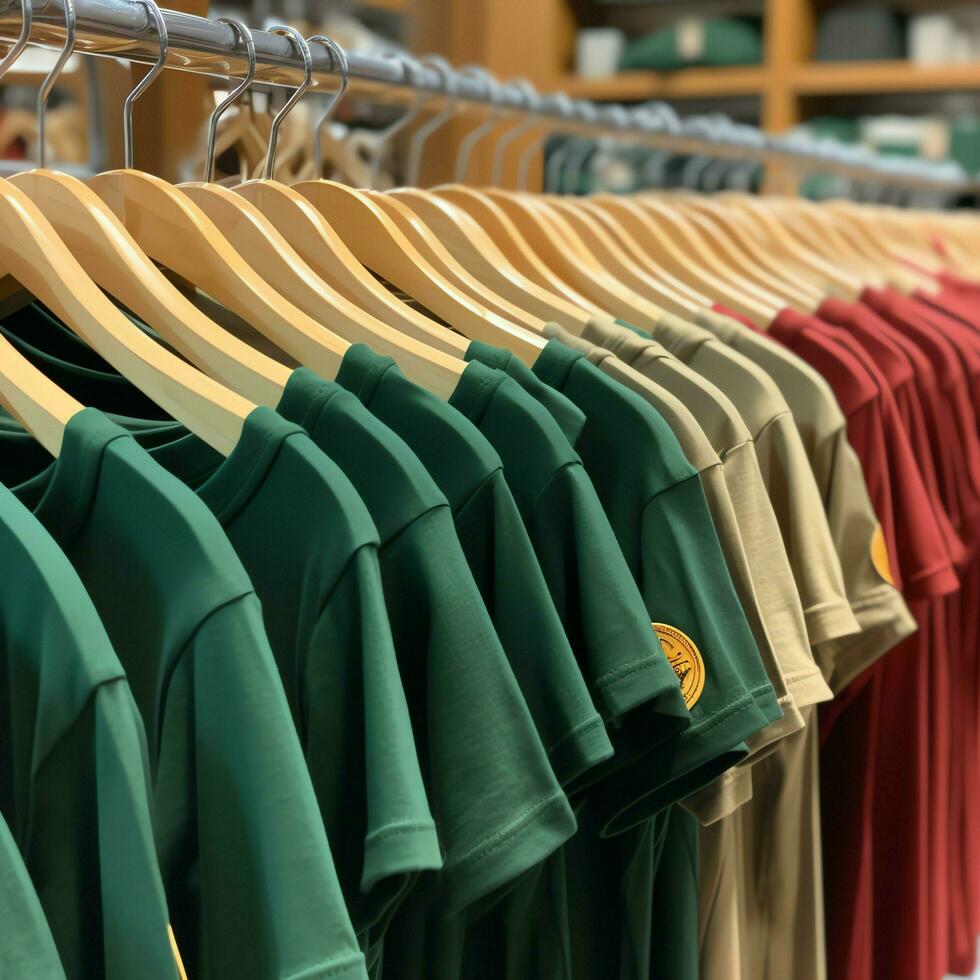 Row of fashionable polo t-shirts for man on wooden hanger or rack in a clothing boutique retail shop concept by AI Generated photo