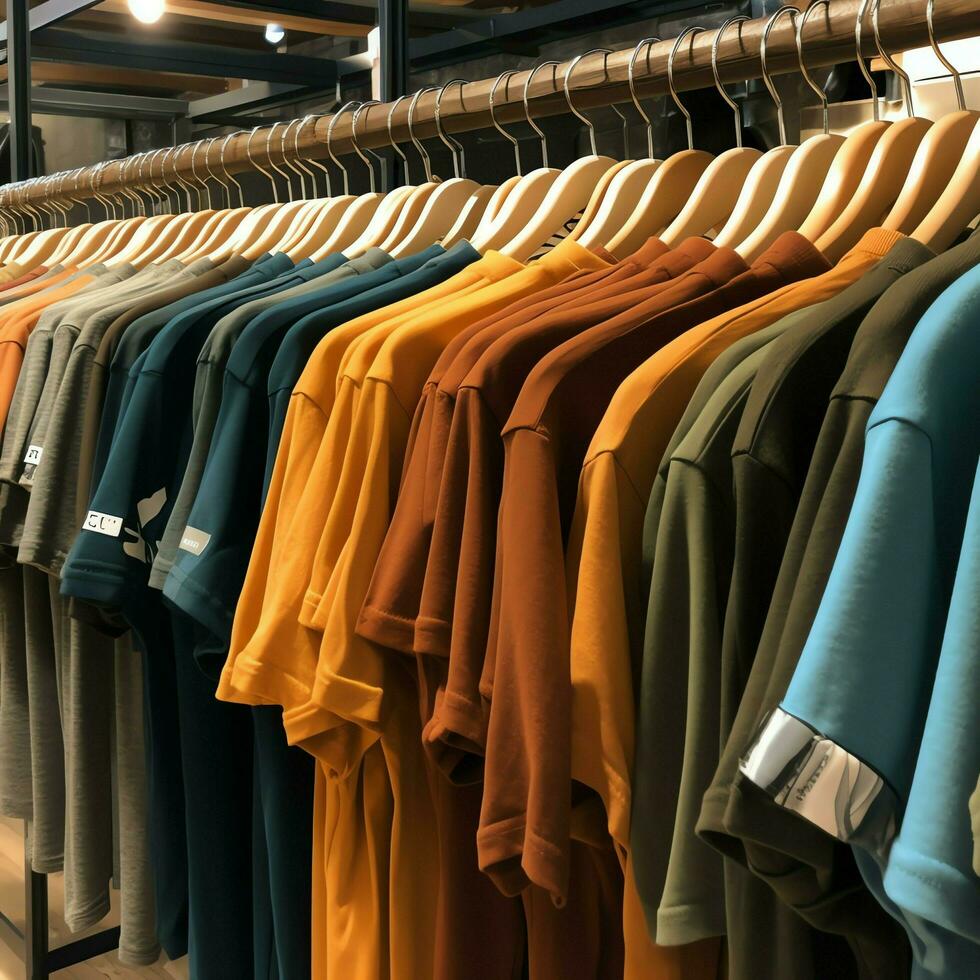 Row of fashionable polo t-shirts for man on wooden hanger or rack in a clothing boutique retail shop concept by AI Generated photo