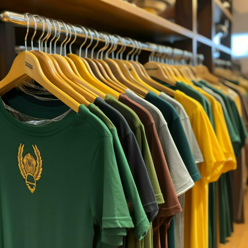 Row of fashionable polo t-shirts for man on wooden hanger or rack in a clothing boutique retail shop concept by AI Generated photo