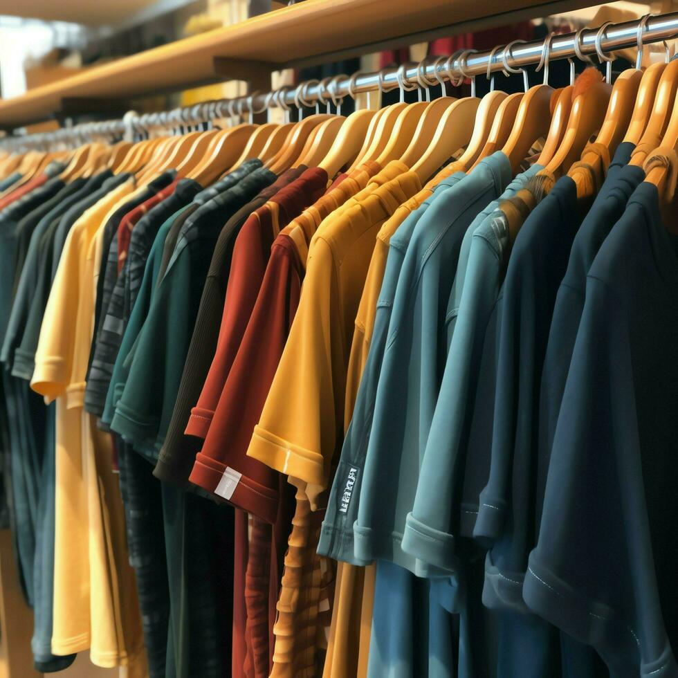 Row of fashionable polo t-shirts for man on wooden hanger or rack in a clothing boutique retail shop concept by AI Generated photo