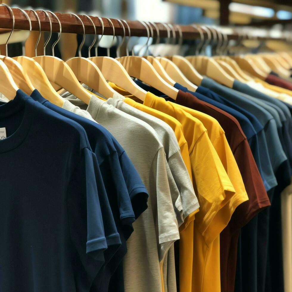 Row of fashionable polo t-shirts for man on wooden hanger or rack in a clothing boutique retail shop concept by AI Generated photo