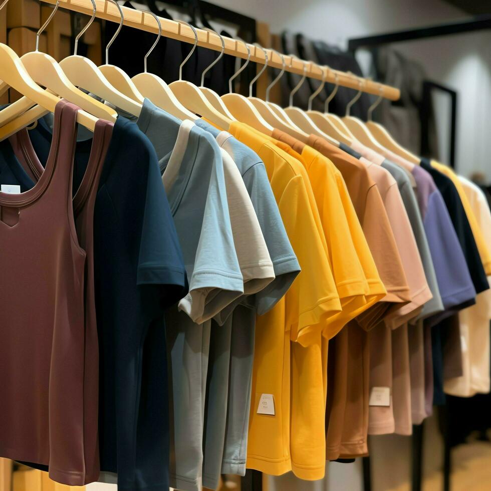 Row of fashionable polo t-shirts for man on wooden hanger or rack in a clothing boutique retail shop concept by AI Generated photo