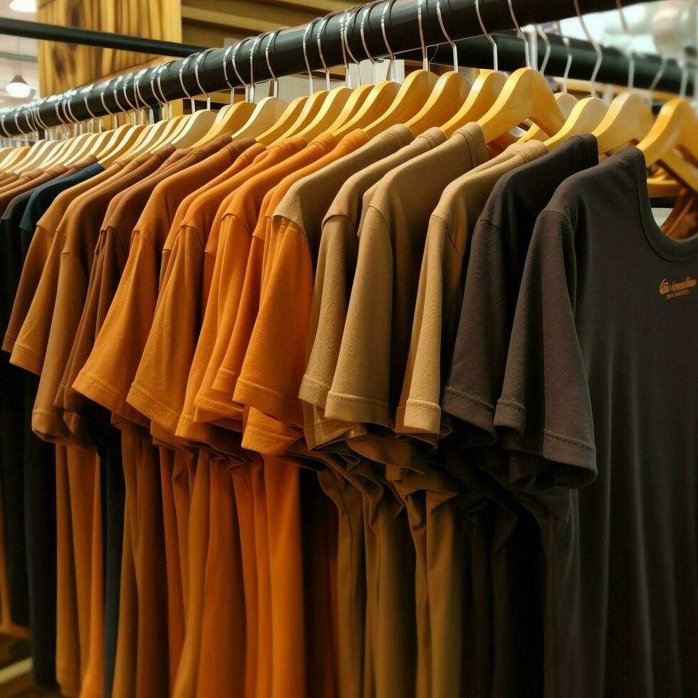 fila de de moda polo camisetas para hombre en de madera percha o estante en un ropa boutique Al por menor tienda concepto por ai generado foto