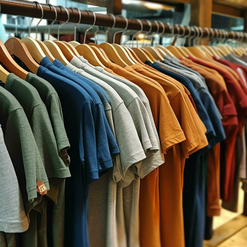 Row of fashionable polo t-shirts for man on wooden hanger or rack in a clothing boutique retail shop concept by AI Generated photo