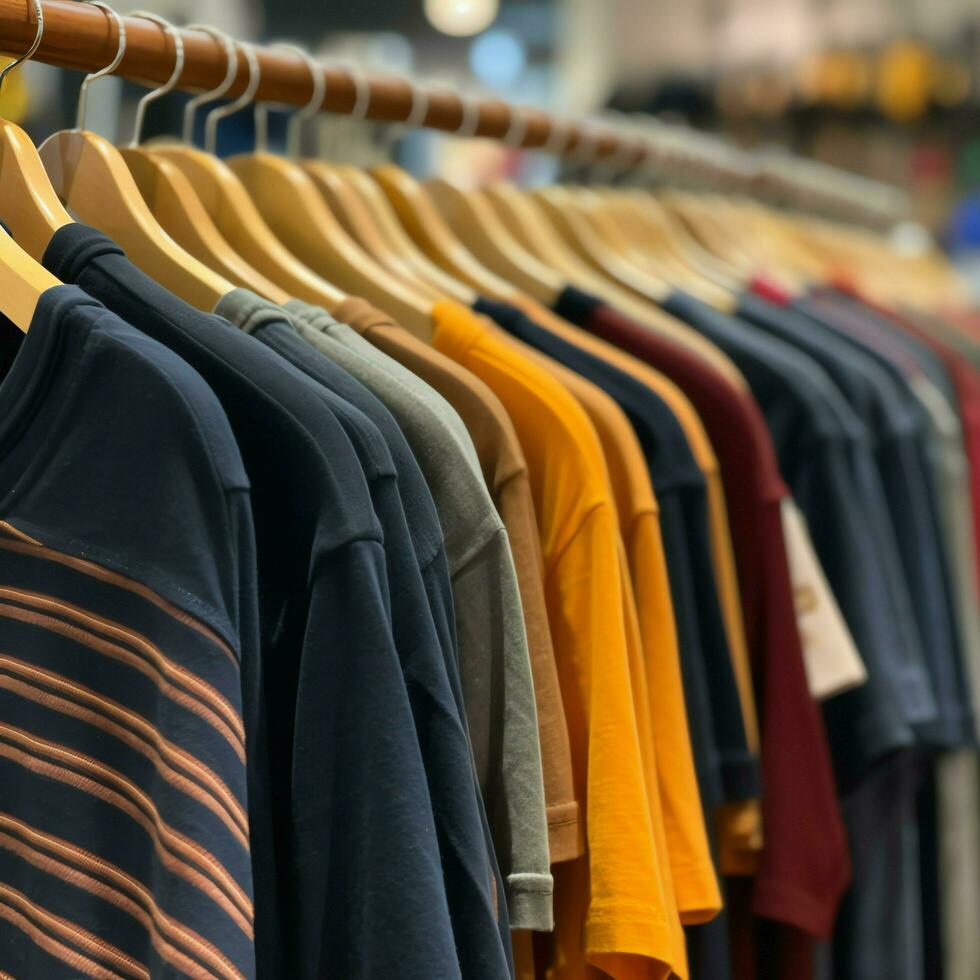 Row of fashionable polo t-shirts for man on wooden hanger or rack in a clothing boutique retail shop concept by AI Generated photo