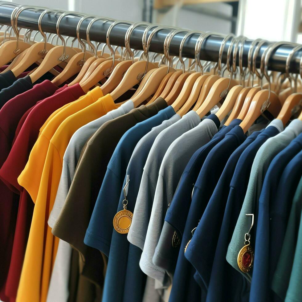 Row of fashionable polo t-shirts for man on wooden hanger or rack in a clothing boutique retail shop concept by AI Generated photo