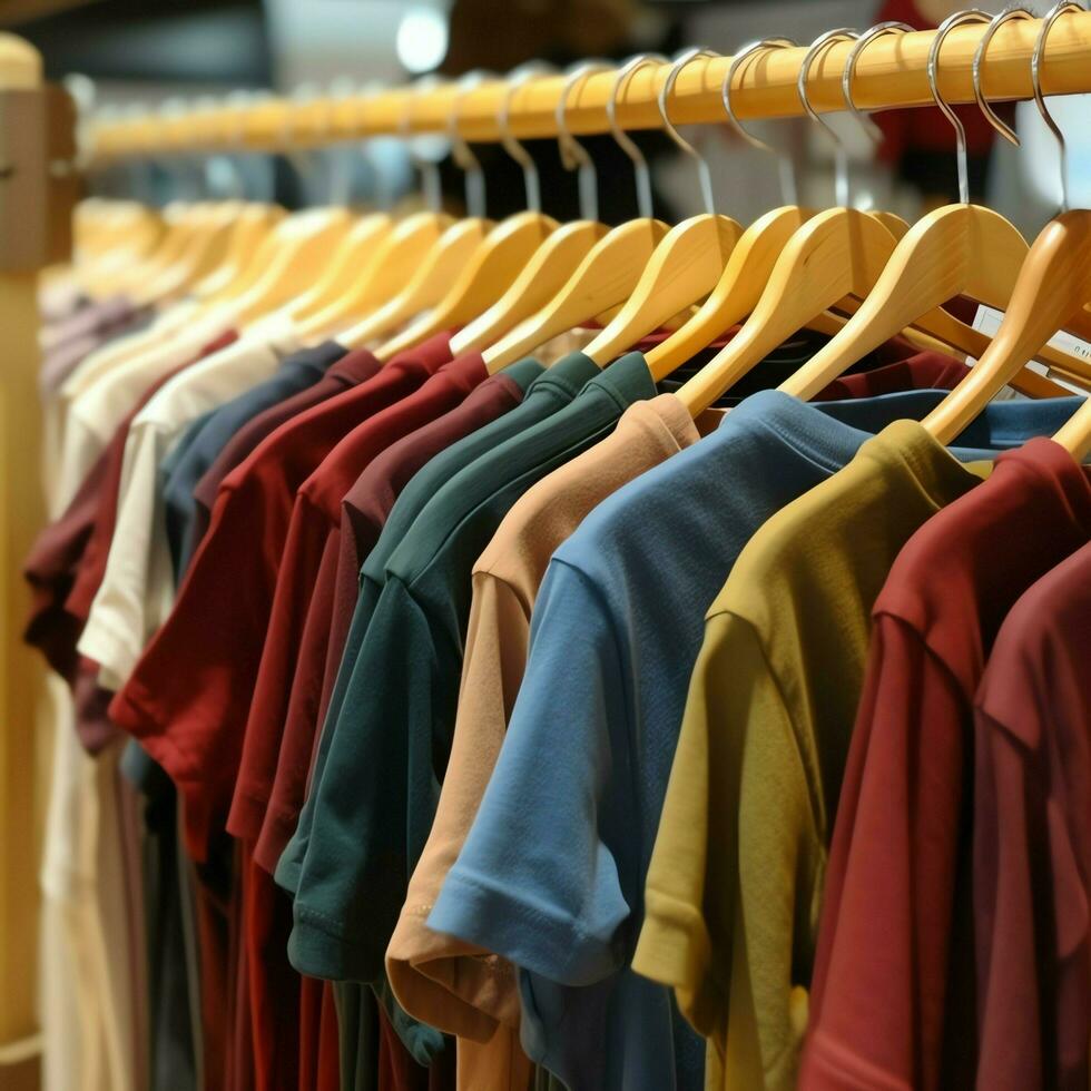 Row of fashionable polo t-shirts for man on wooden hanger or rack in a clothing boutique retail shop concept by AI Generated photo