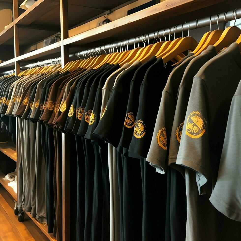 Row of fashionable polo t-shirts for man on wooden hanger or rack in a clothing boutique retail shop concept by AI Generated photo