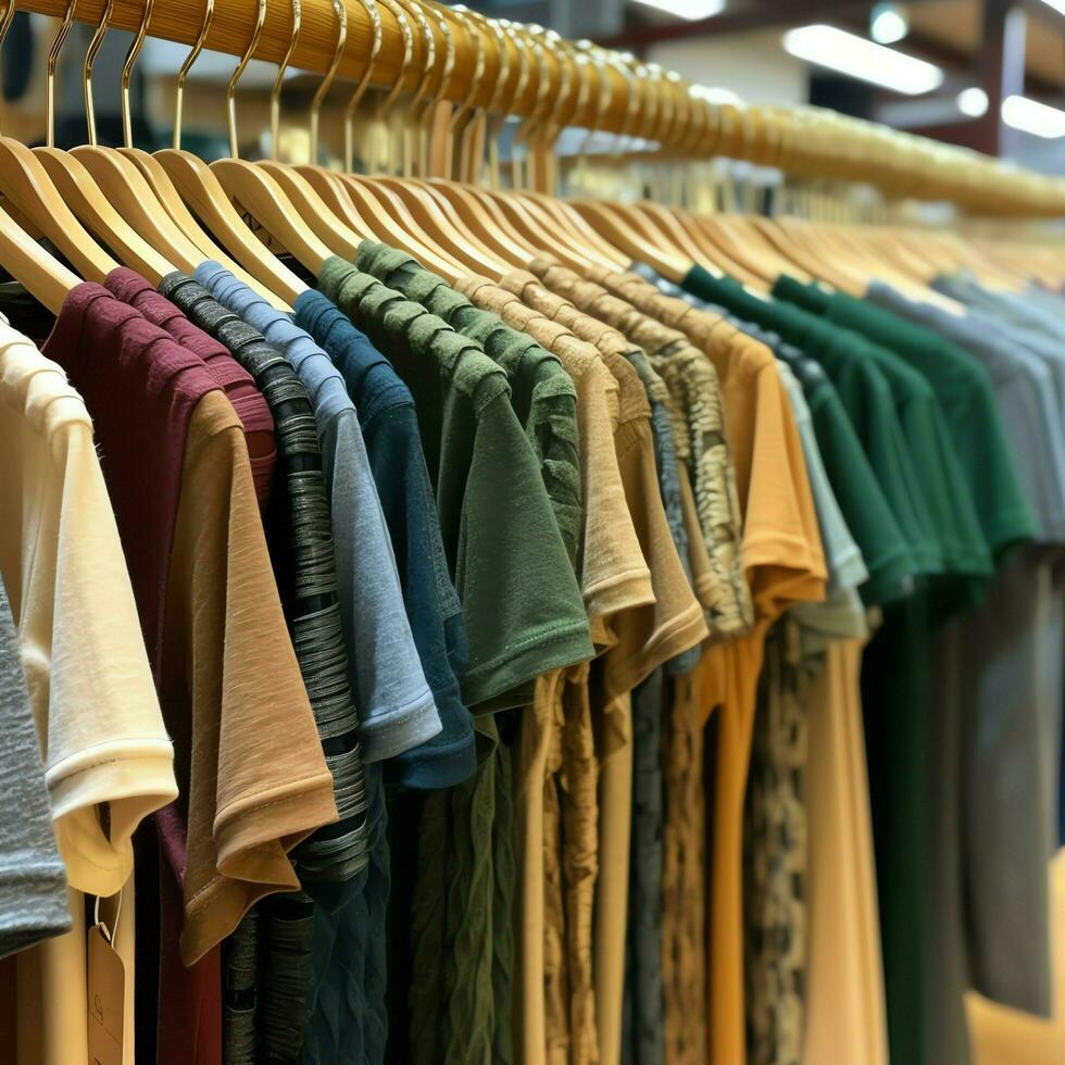 Row of fashionable polo t-shirts for man on wooden hanger or rack in a clothing boutique retail shop concept by AI Generated photo