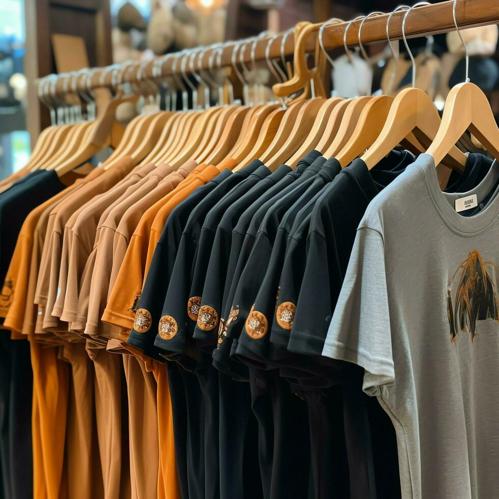 Row of fashionable polo t-shirts for man on wooden hanger or rack in a clothing boutique retail shop concept by AI Generated photo