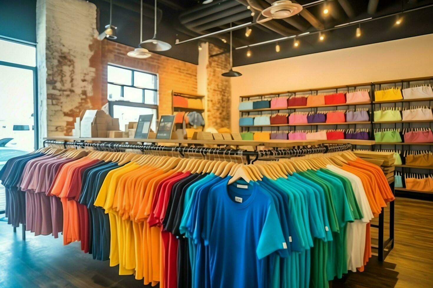 Row of fashionable polo t-shirts for man on wooden hanger or rack in a clothing boutique retail shop concept by AI Generated photo