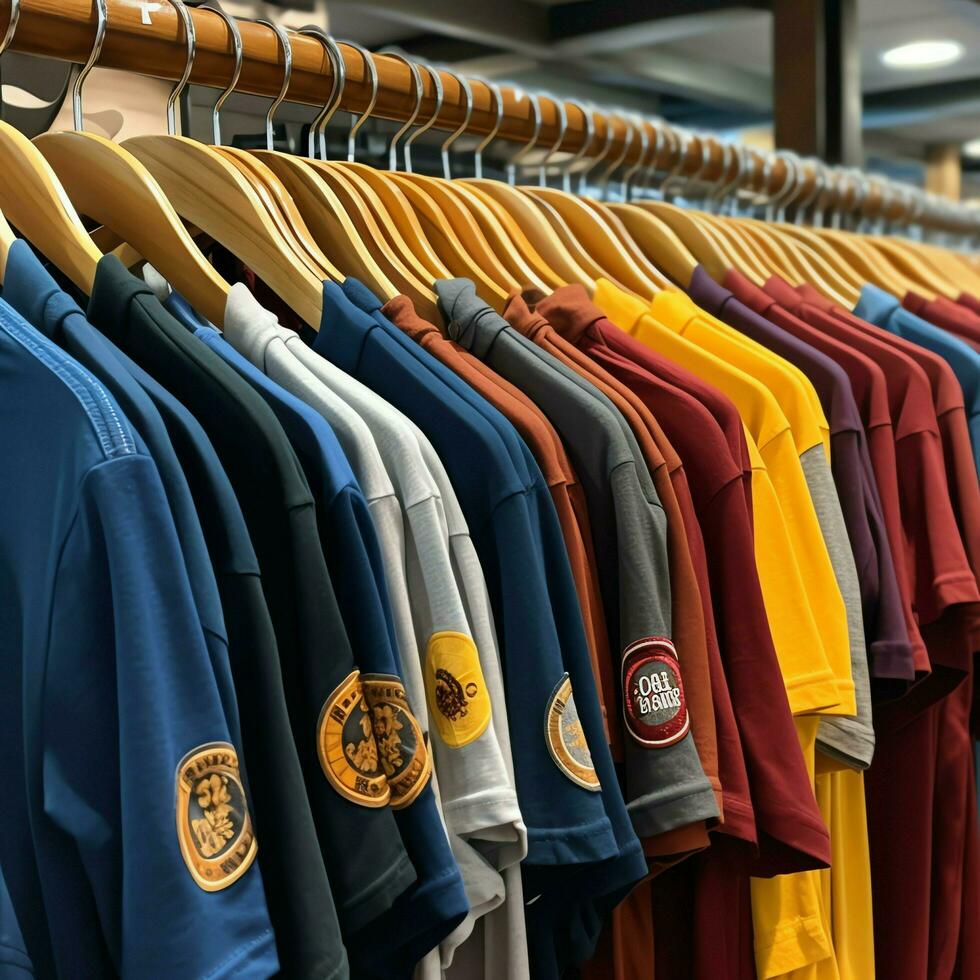 Row of fashionable polo t-shirts for man on wooden hanger or rack in a clothing boutique retail shop concept by AI Generated photo