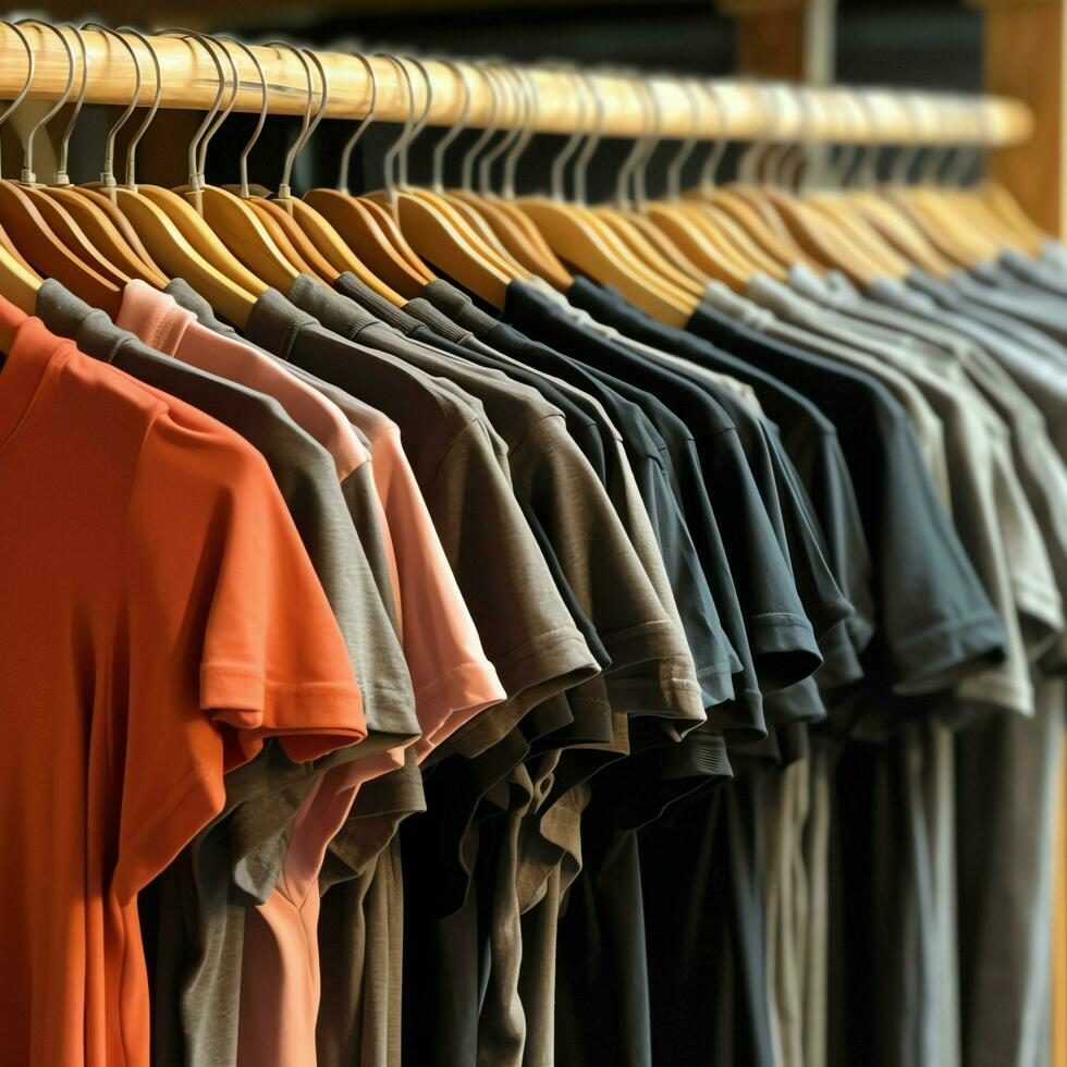 Row of fashionable polo t-shirts for man on wooden hanger or rack in a clothing boutique retail shop concept by AI Generated photo