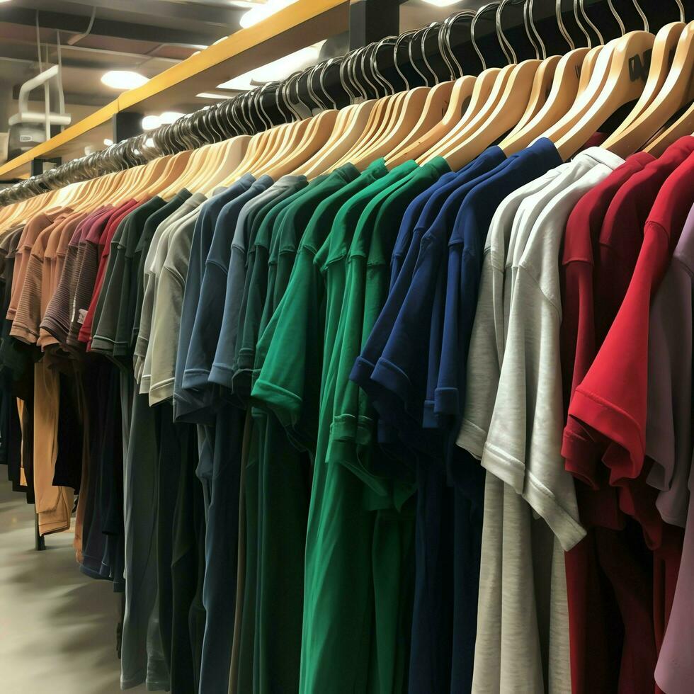 Row of fashionable polo t-shirts for man on wooden hanger or rack in a clothing boutique retail shop concept by AI Generated photo