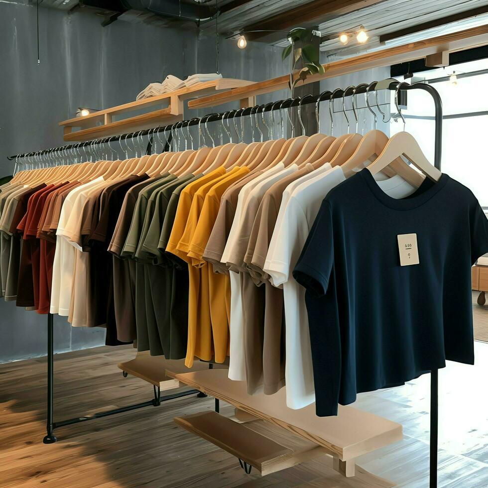 Row of fashionable polo t-shirts for man on wooden hanger or rack in a clothing boutique retail shop concept by AI Generated photo