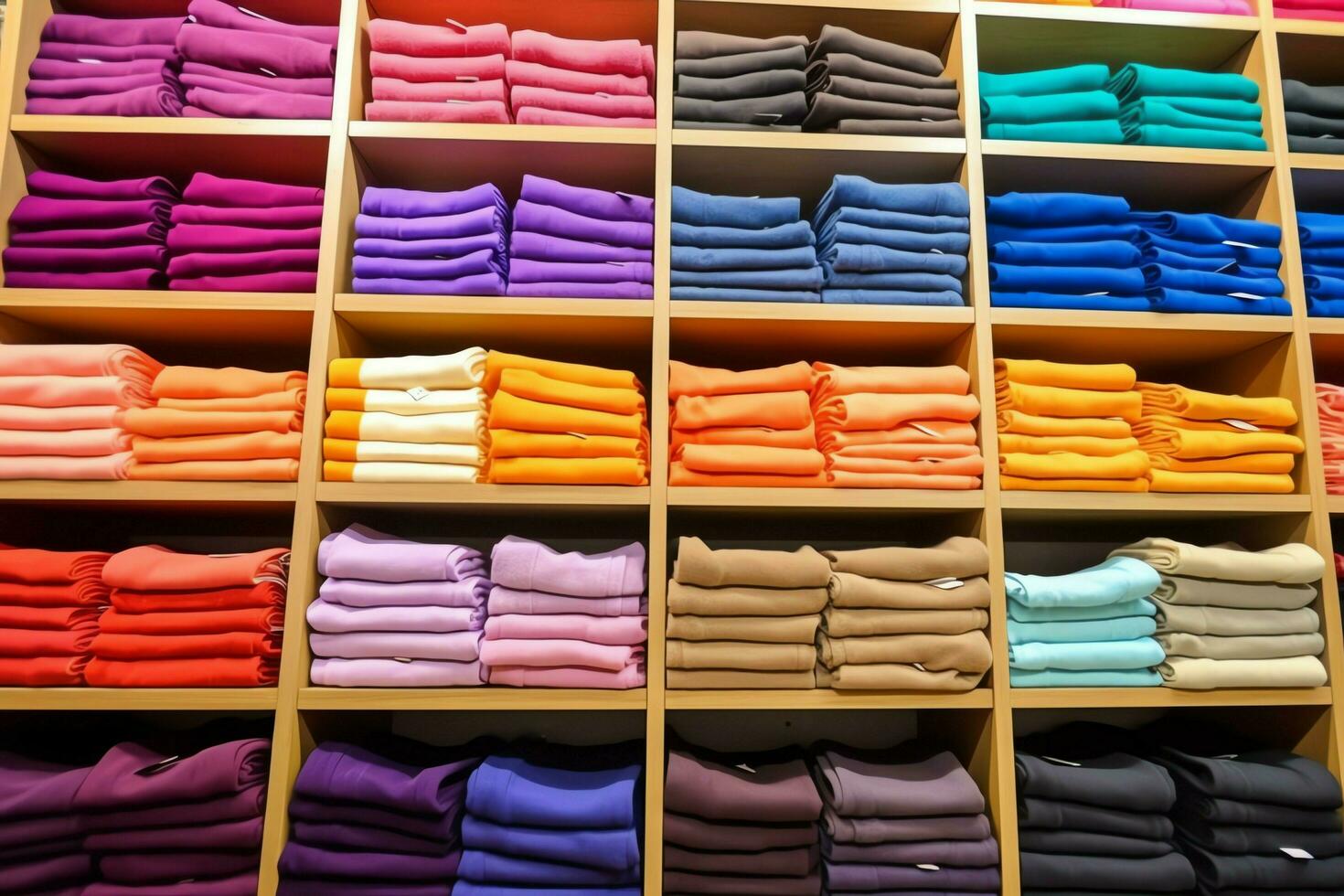 Row of fashionable polo t-shirts for man on wooden hanger or rack in a clothing boutique retail shop concept by AI Generated photo