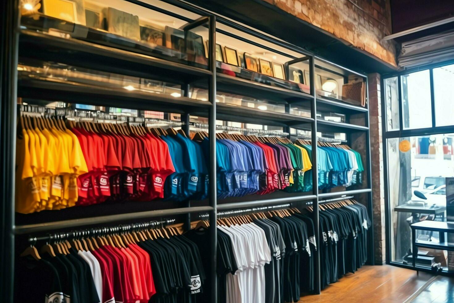Row of fashionable polo t-shirts for man on wooden hanger or rack in a clothing boutique retail shop concept by AI Generated photo
