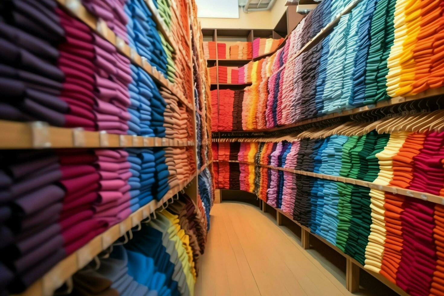 Row of fashionable polo t-shirts for man on wooden hanger or rack in a clothing boutique retail shop concept by AI Generated photo
