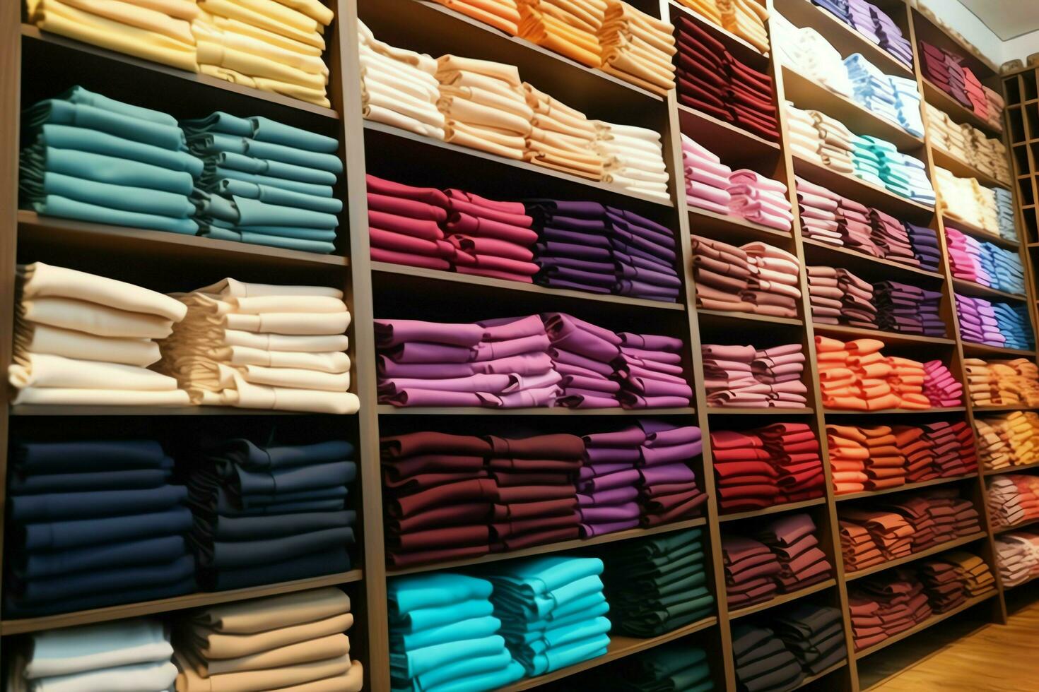 Row of fashionable polo t-shirts for man on wooden hanger or rack in a clothing boutique retail shop concept by AI Generated photo
