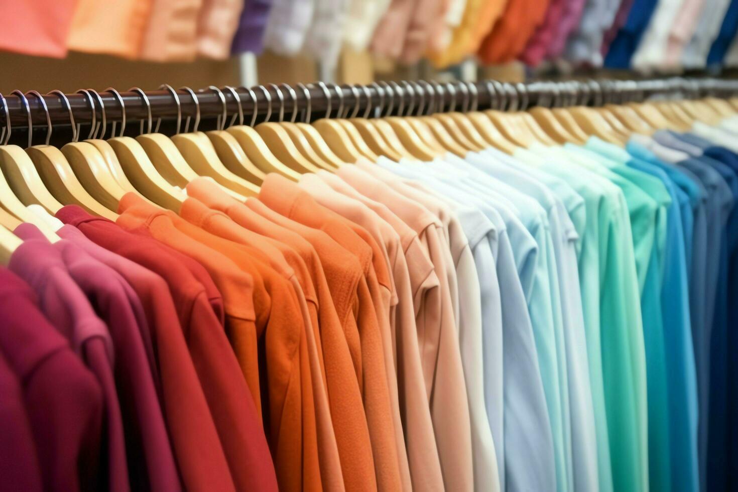 Row of fashionable polo t-shirts for man on wooden hanger or rack in a clothing boutique retail shop concept by AI Generated photo