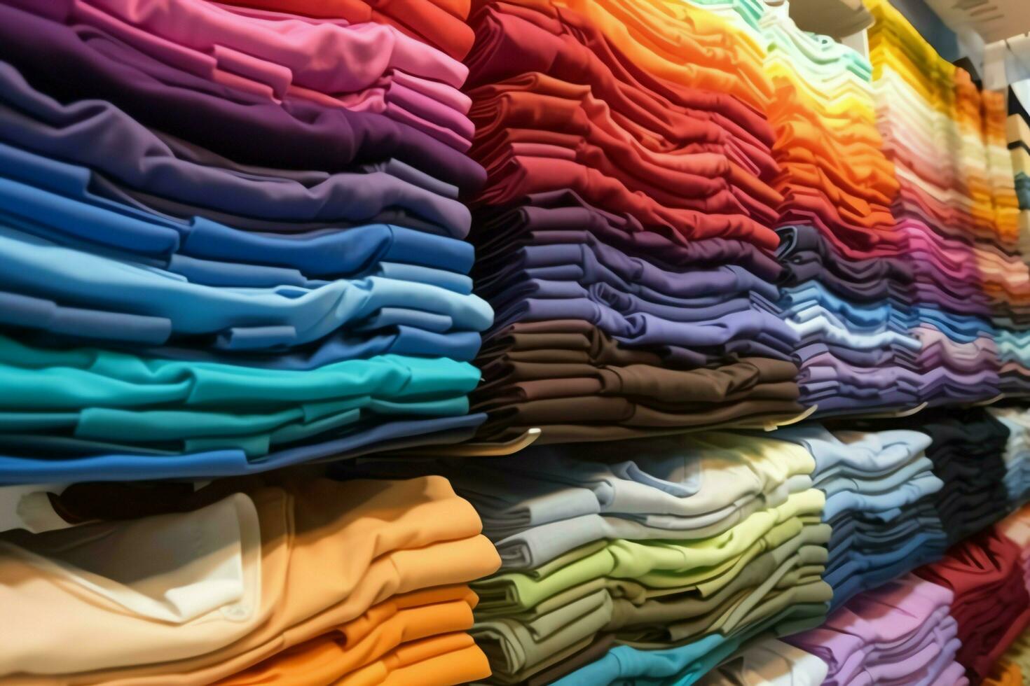 Row of fashionable polo t-shirts for man on wooden hanger or rack in a clothing boutique retail shop concept by AI Generated photo