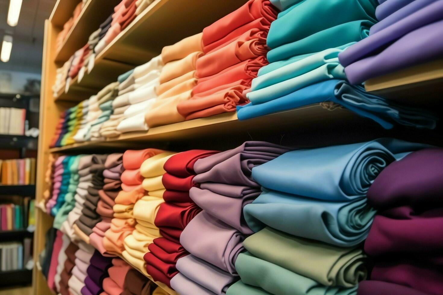 Row of fashionable polo t-shirts for man on wooden hanger or rack in a clothing boutique retail shop concept by AI Generated photo