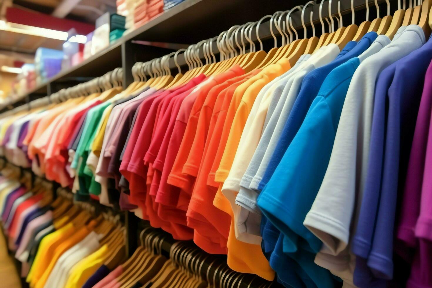 Row of fashionable polo t-shirts for man on wooden hanger or rack in a clothing boutique retail shop concept by AI Generated photo