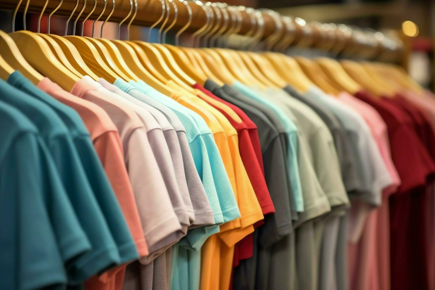 Row of fashionable polo t-shirts for man on wooden hanger or rack in a clothing boutique retail shop concept by AI Generated photo