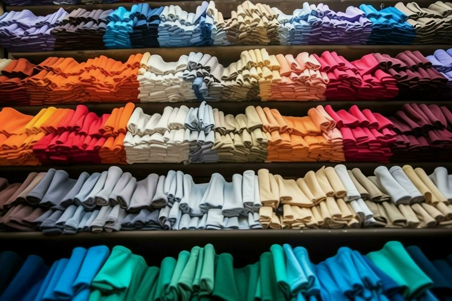 Row of fashionable polo t-shirts for man on wooden hanger or rack in a clothing boutique retail shop concept by AI Generated photo