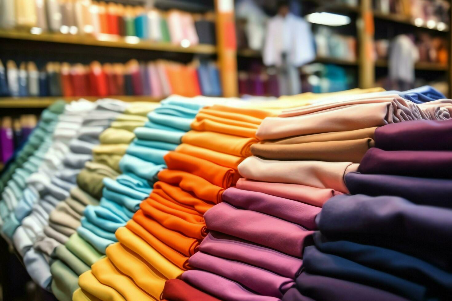 Row of fashionable polo t-shirts for man on wooden hanger or rack in a clothing boutique retail shop concept by AI Generated photo