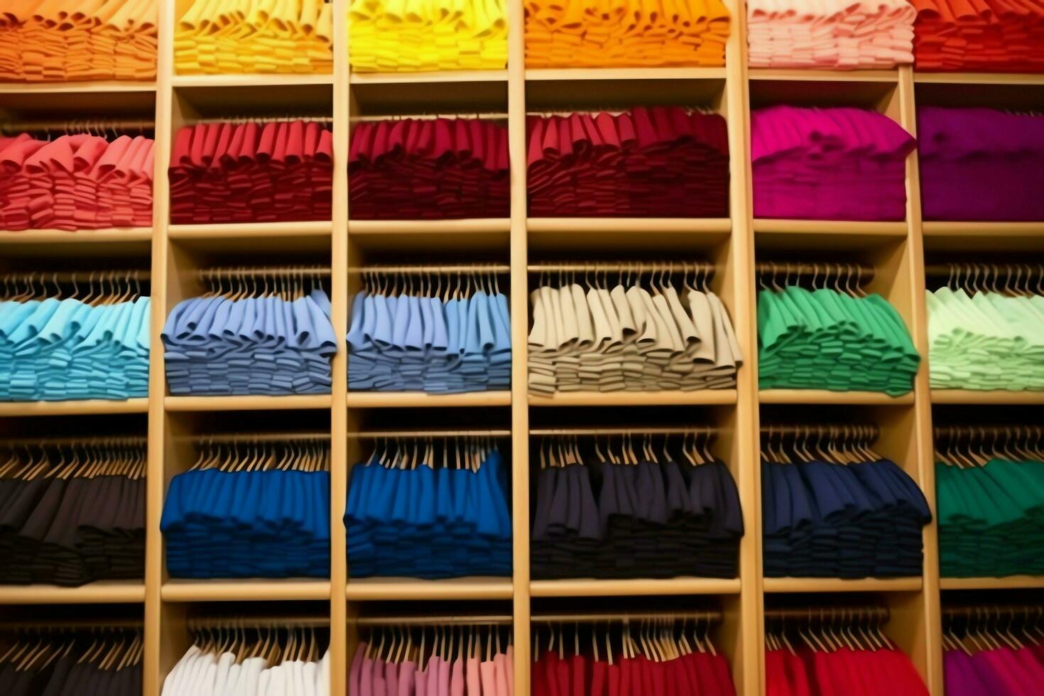 Row of fashionable polo t-shirts for man on wooden hanger or rack in a clothing boutique retail shop concept by AI Generated photo