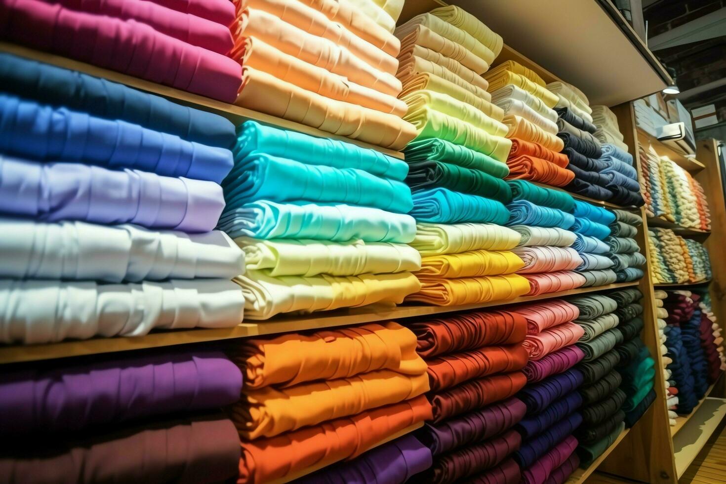 Row of fashionable polo t-shirts for man on wooden hanger or rack in a clothing boutique retail shop concept by AI Generated photo