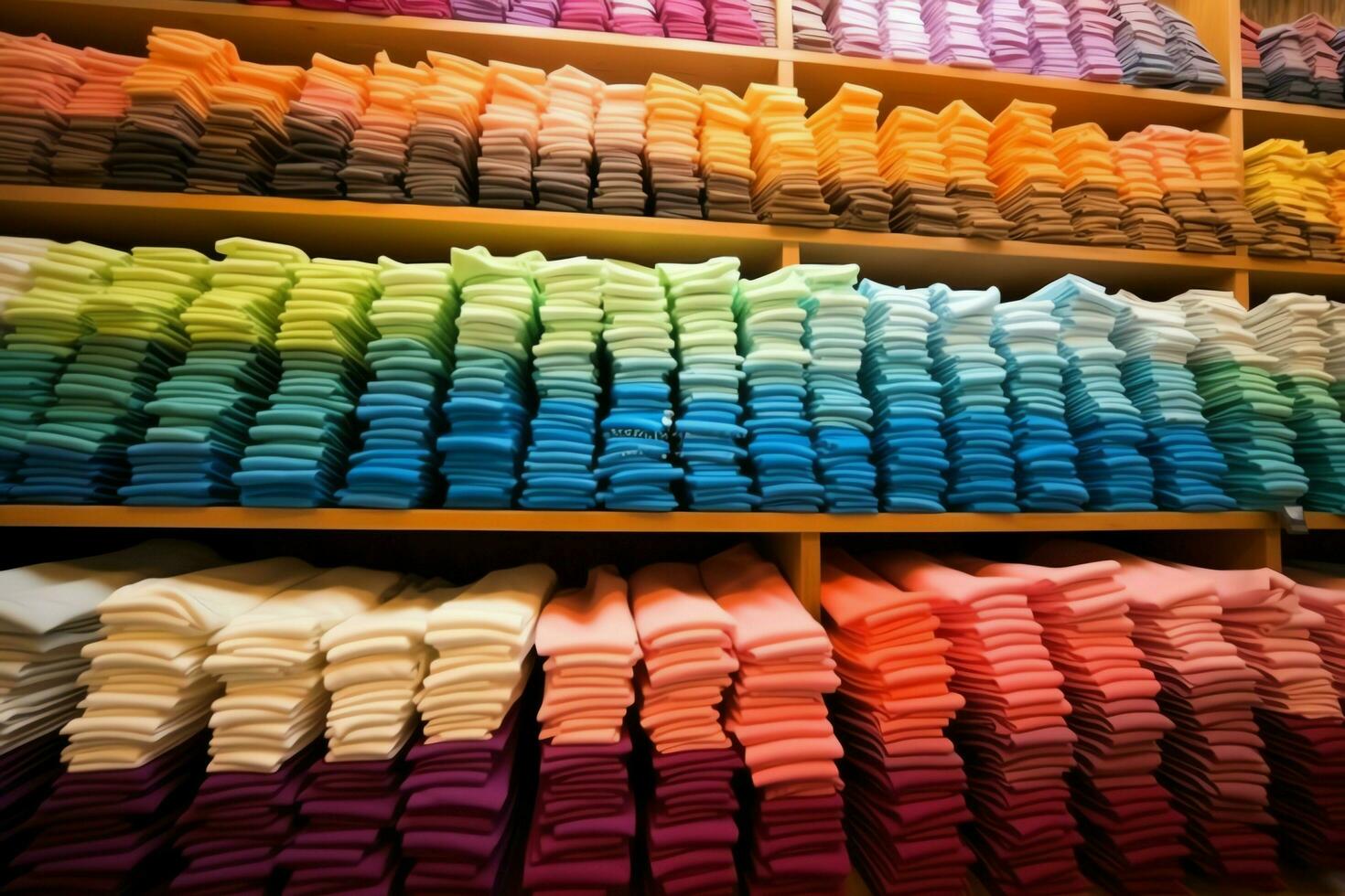 Row of fashionable polo t-shirts for man on wooden hanger or rack in a clothing boutique retail shop concept by AI Generated photo