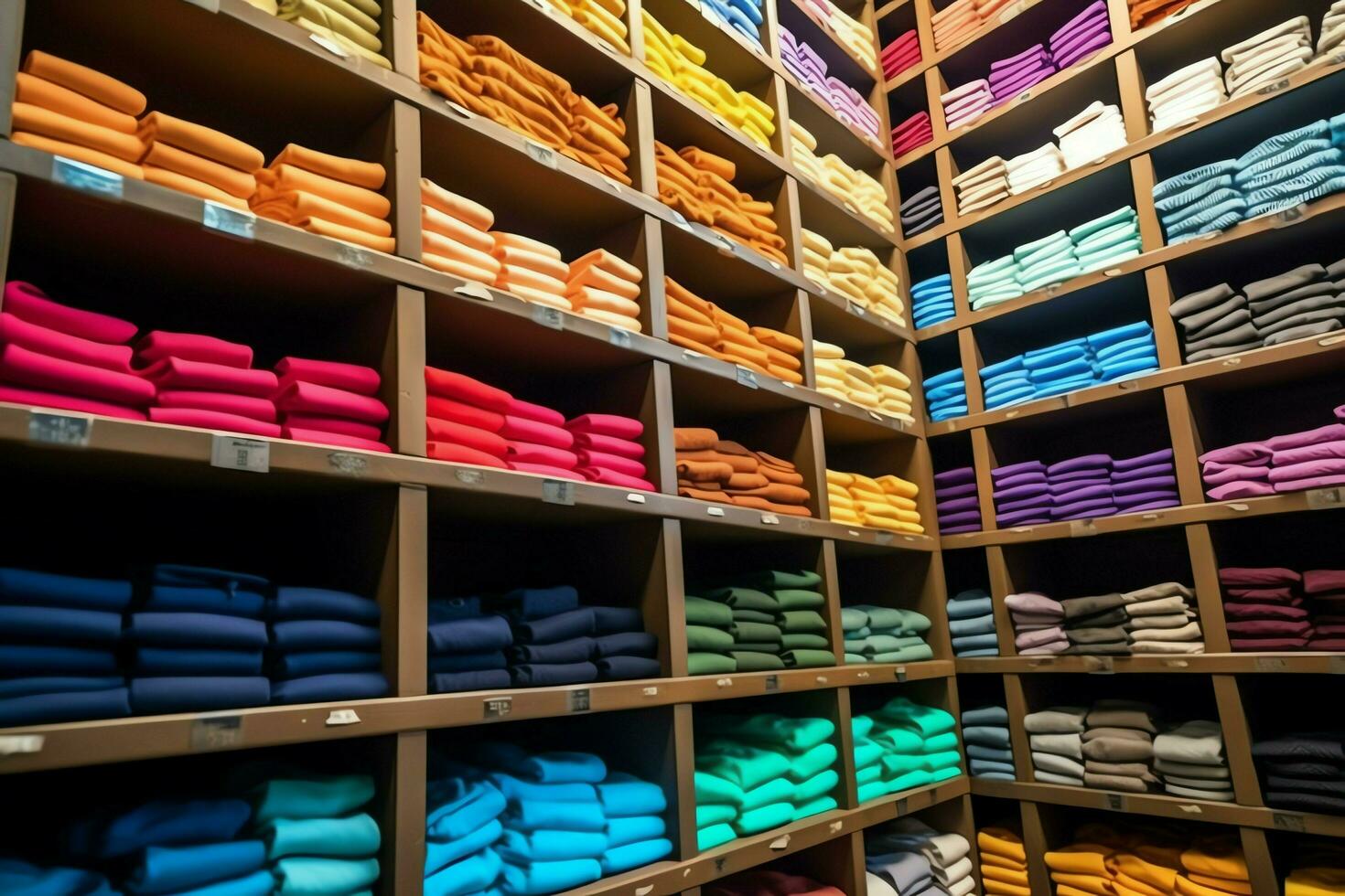 Row of fashionable polo t-shirts for man on wooden hanger or rack in a clothing boutique retail shop concept by AI Generated photo