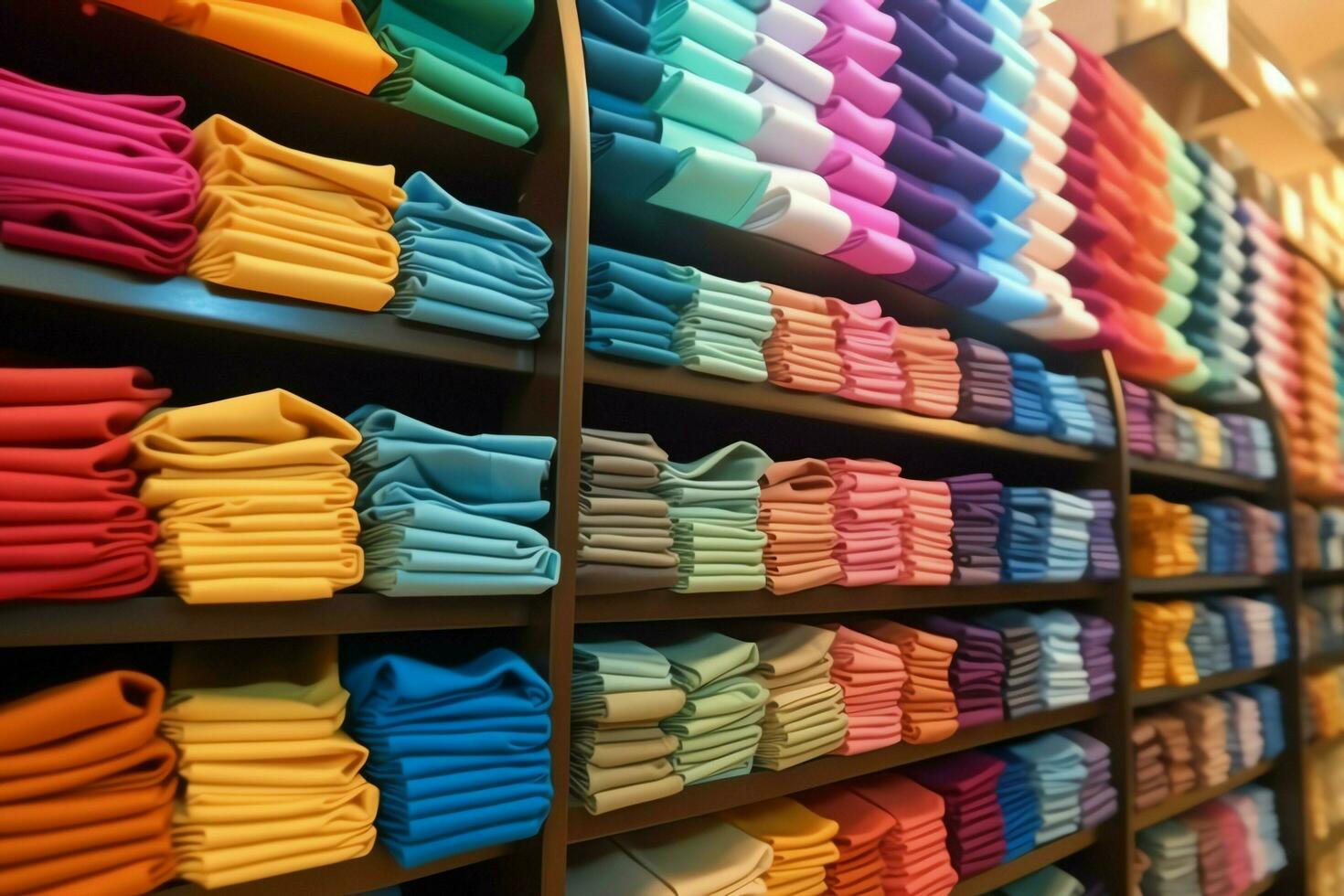 Row of fashionable polo t-shirts for man on wooden hanger or rack in a clothing boutique retail shop concept by AI Generated photo