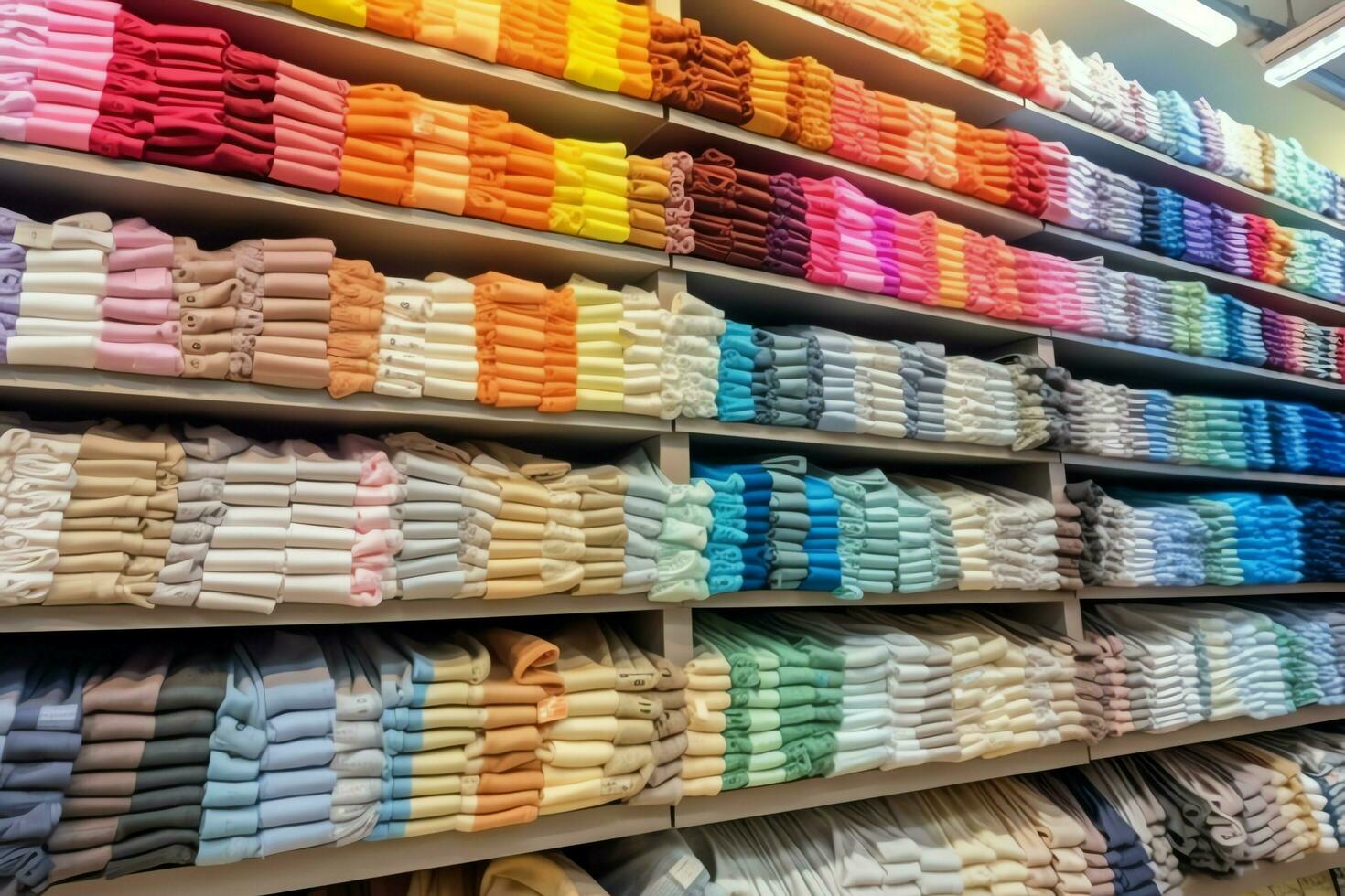 Row of fashionable polo t-shirts for man on wooden hanger or rack in a clothing boutique retail shop concept by AI Generated photo