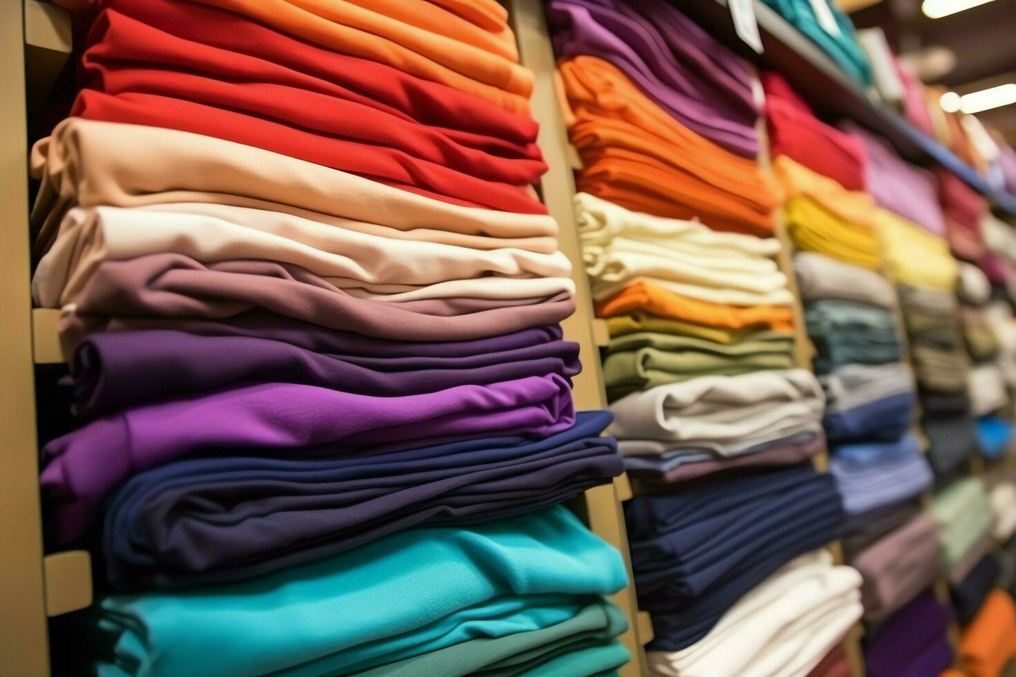 Row of fashionable polo t-shirts for man on wooden hanger or rack in a clothing boutique retail shop concept by AI Generated photo