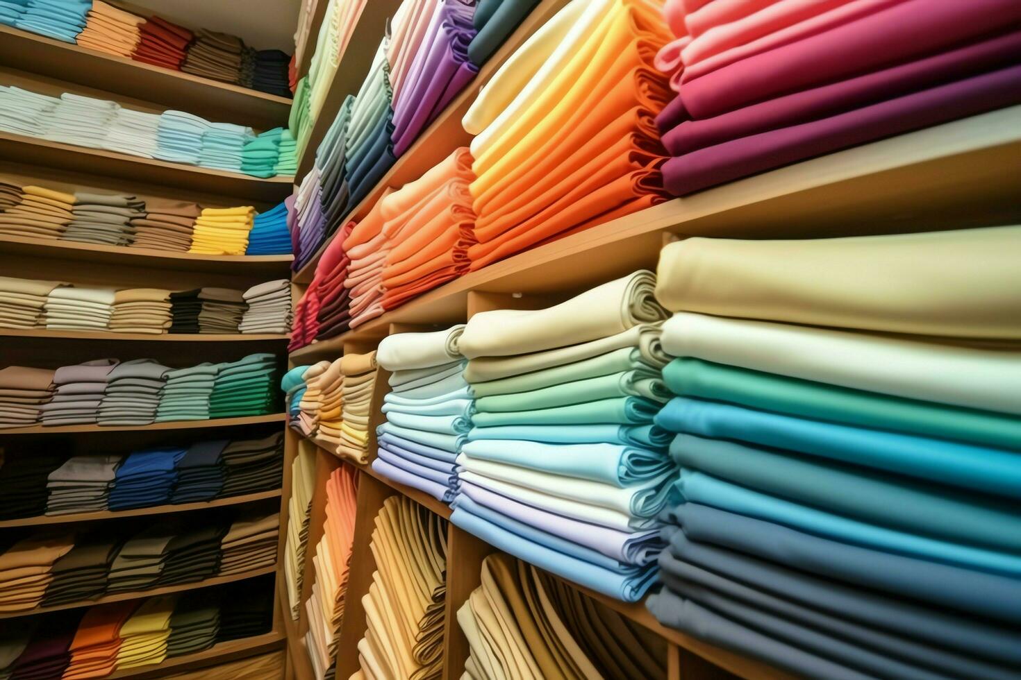 Row of fashionable polo t-shirts for man on wooden hanger or rack in a clothing boutique retail shop concept by AI Generated photo